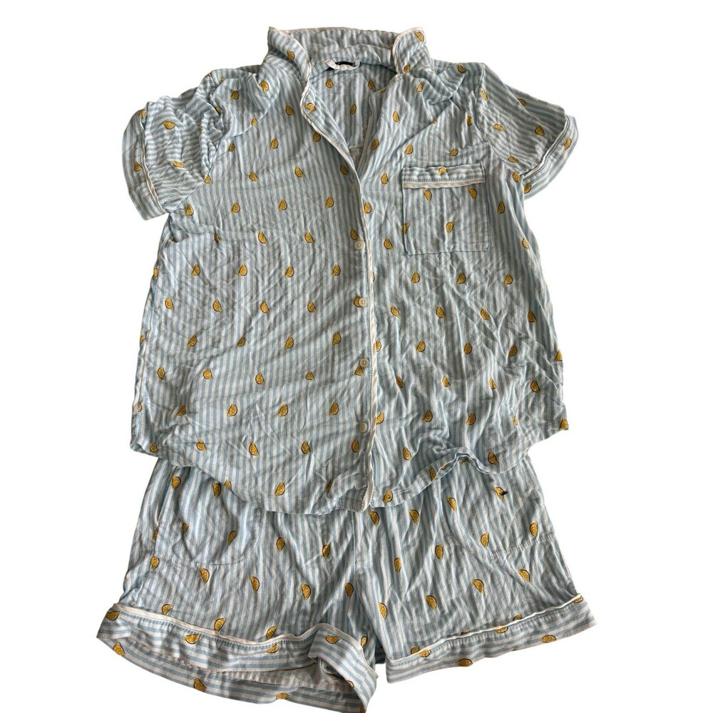Kate Spade New York Printed Short Pajama Set Size Large Lemon Pinstripe 2pc